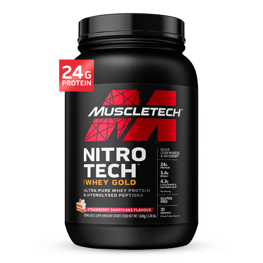 MuscleTech Nitro-Tech Whey Gold strawberry tub for rapid post-workout protein delivery.