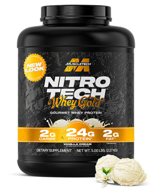 MuscleTech Nitro-Tech Whey Gold Vanilla Cream scoop for lean muscle support.