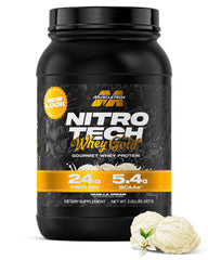 MuscleTech Nitro-Tech Whey Gold Vanilla Cream tub front for lean muscle support.