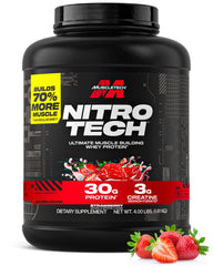 MuscleTech Nitro-Tech strawberry tub displaying a protein blend for lean muscle support.