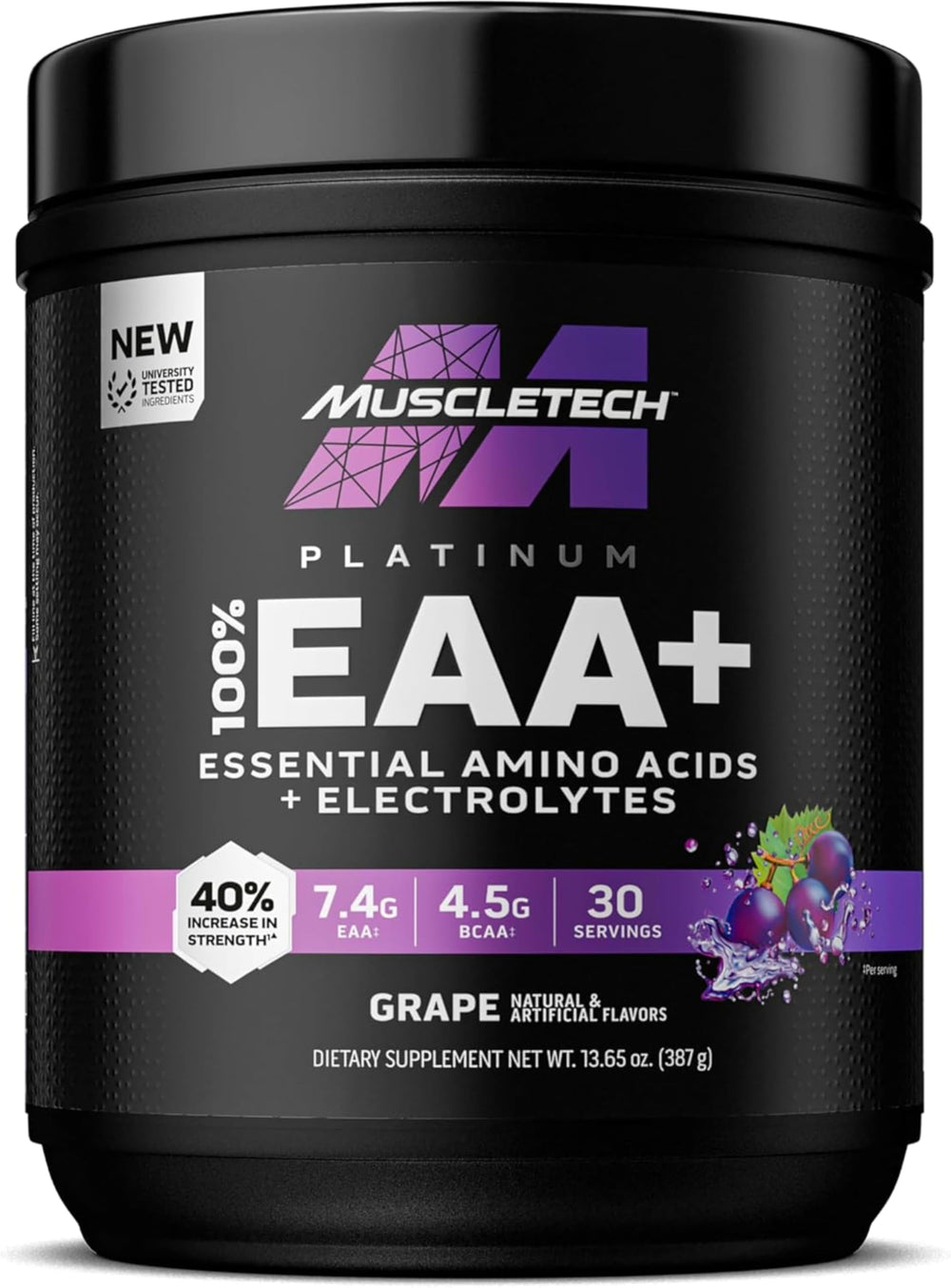 MuscleTech Platinum 100% EAA+ grape bottle shown for post-workout recovery potential