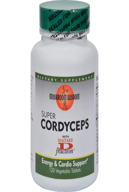 Mushroom Wisdom Super Cordyceps Caplets bottle closeup shows easy-to-swallow capsules for daily stamina