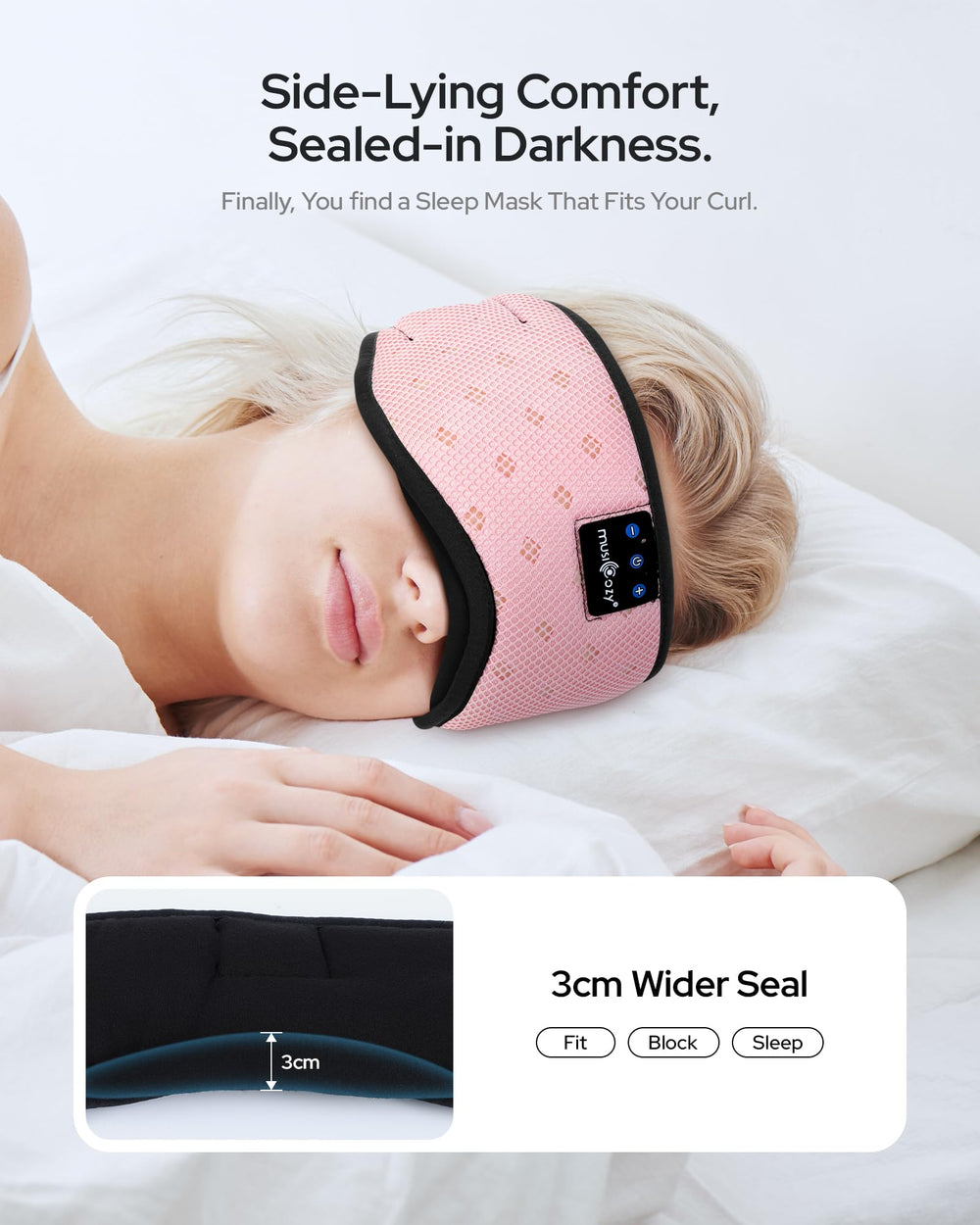 MUSICOZY mesh pink side-sleep ergonomic design supports eye and ear comfort.