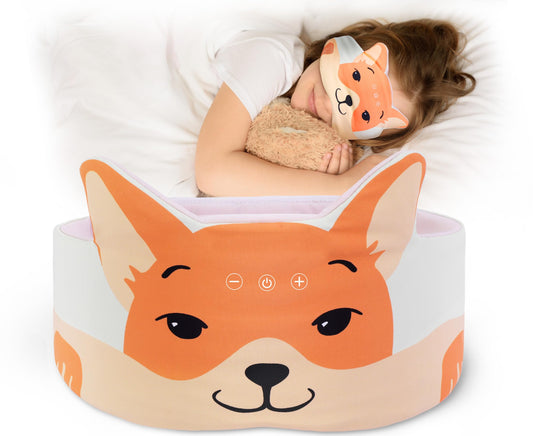 MUSICOZY sleep headphones mask worn by a child for peaceful travel.