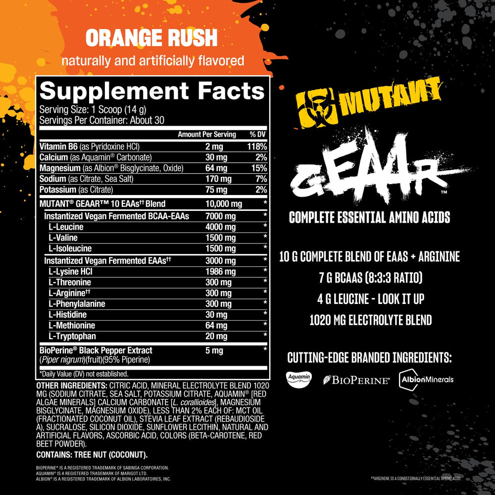 Close-up of Mutant GEAAR Orange Rush powder for quick mixing