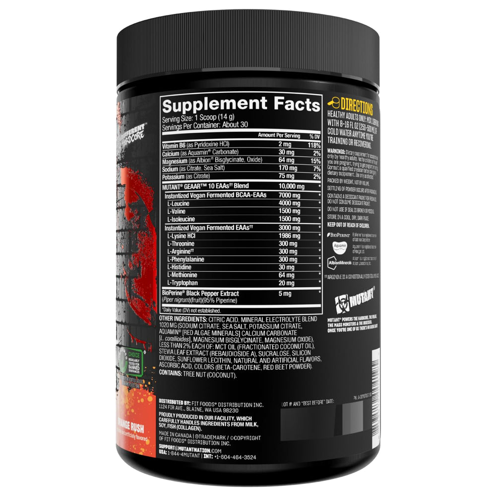 30 servings label on Mutant GEAAR Orange Rush container