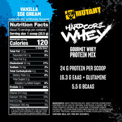 Mutant Hardcore Whey label closeup confirms transparent ingredients and quality promise.