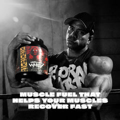 Mutant Hardcore Whey powder scoop shows convenient serving for quick shakes.