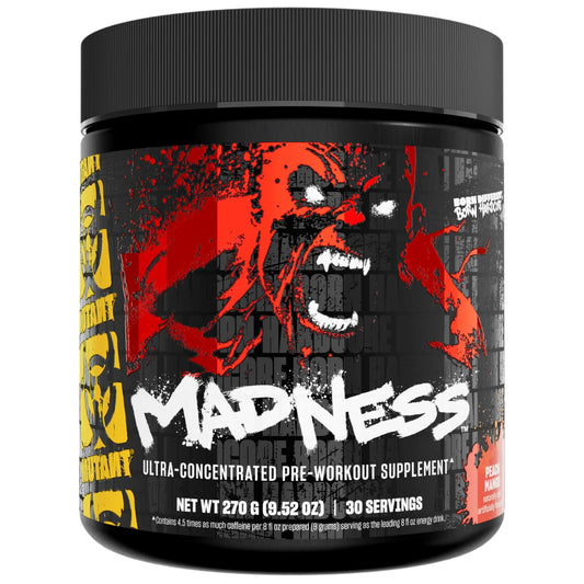 Mutant Madness peach mango pre‑workout tub ready for a powerful training session