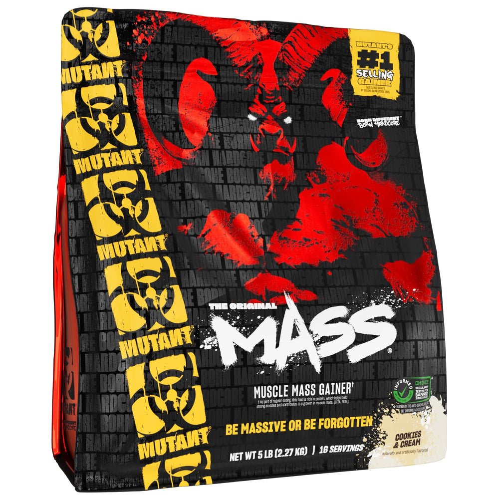 Mutant Mass cookies and cream tub front view highlighting high-protein mass gain