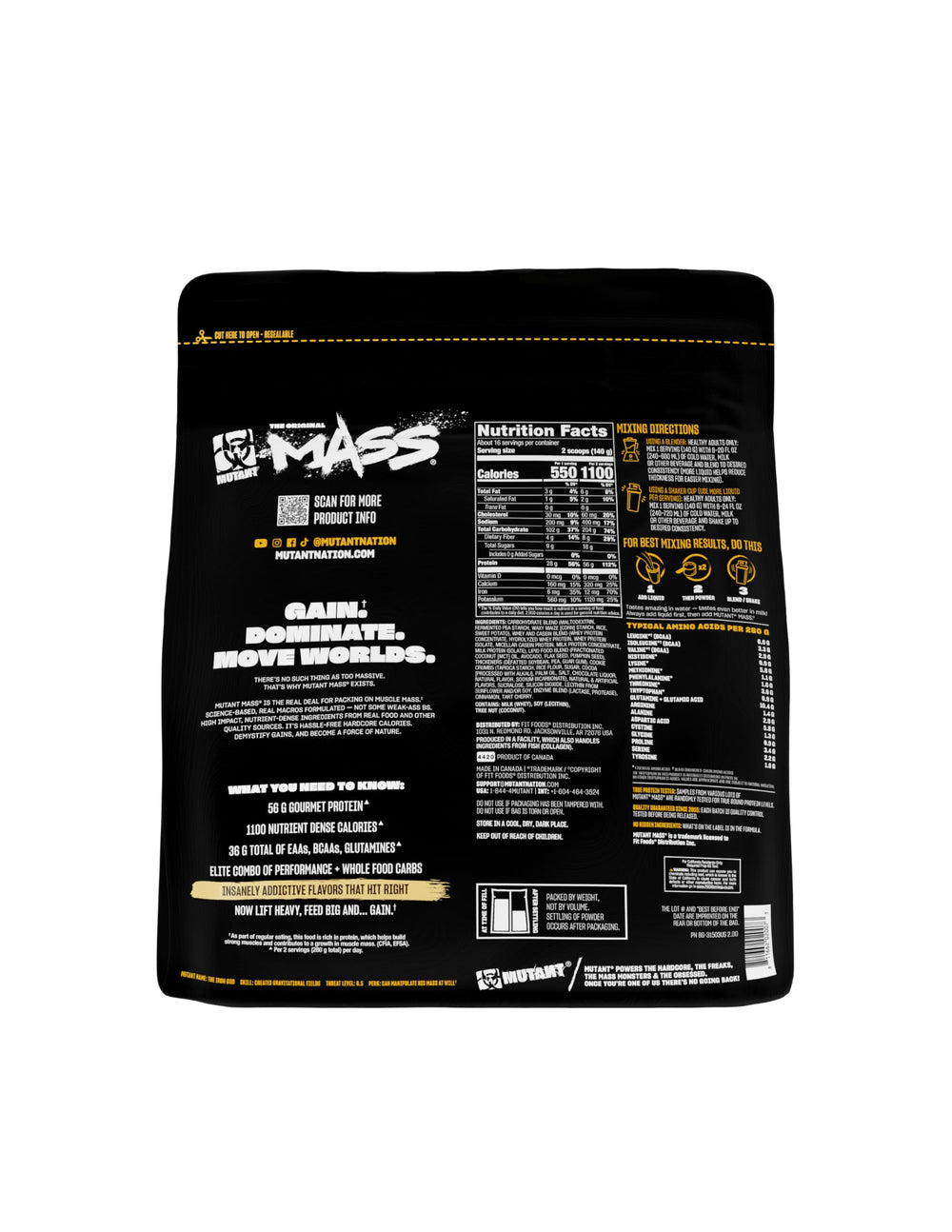 Mutant Mass nutrition facts panel emphasizes protein and carb balance