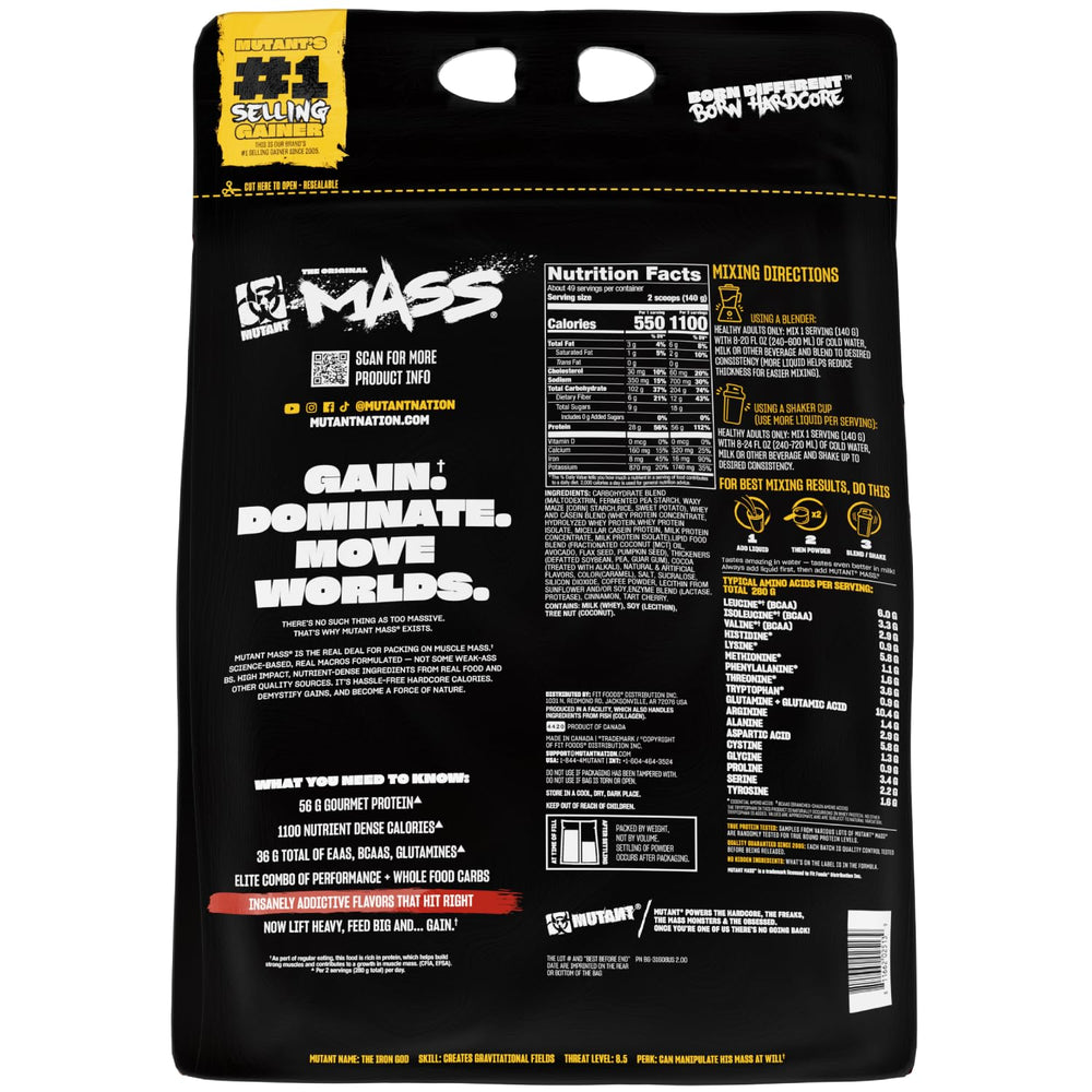 Mutant Mass nutrition panel on the tub highlighting calories