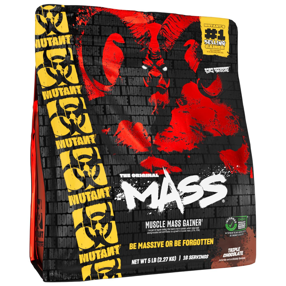 Mutant Mass triple chocolate bag front shows premium mass gainer packaging.