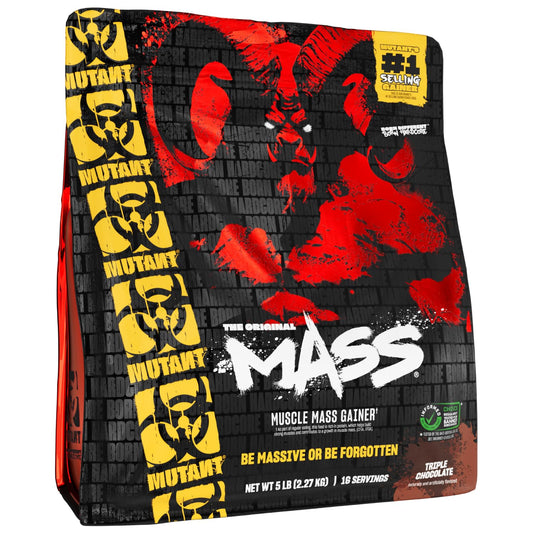 Mutant Mass triple chocolate bag front shows premium mass gainer packaging.