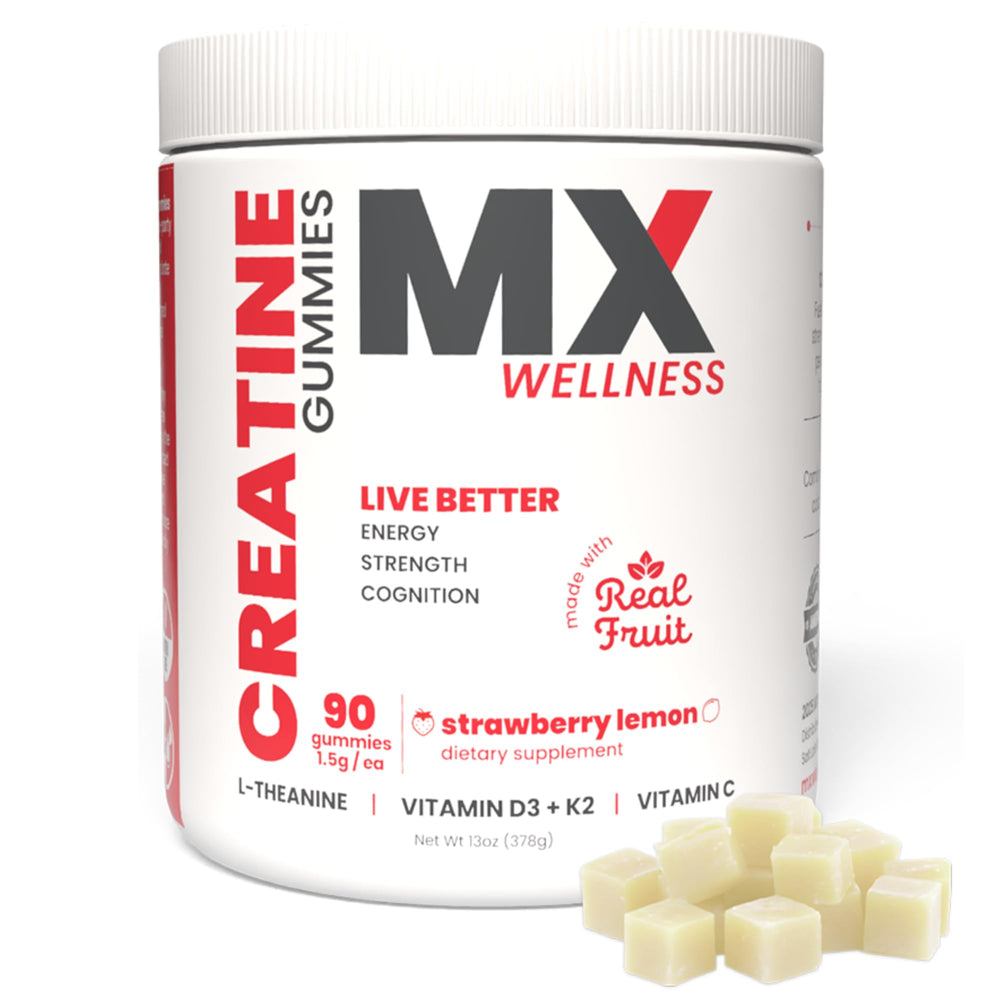 MX Wellness Creatine Monohydrate Gummies bottle illustrating convenient muscle support.