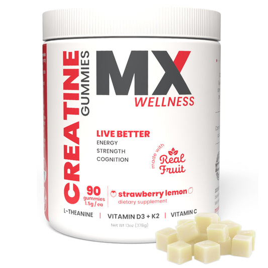 MX Wellness Creatine Monohydrate Gummies bottle illustrating convenient muscle support.