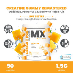 MX Wellness Creatine Monohydrate Gummies close-up highlighting real fruit flavor.