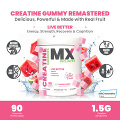 MX Wellness Creatine Monohydrate Gummies juicy watermelon close-up for tasty post-workout recovery