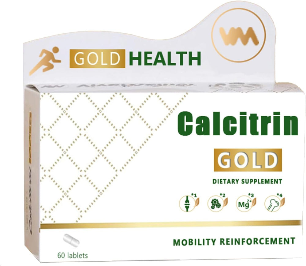 MXZ Calcitrin Gold bottle on table supports daily joint mobility and bone health.