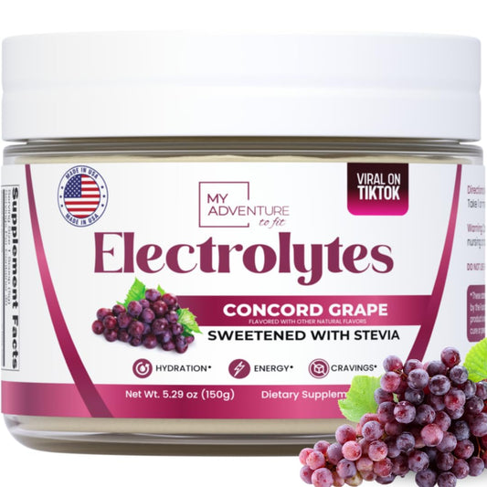 My Adventure to Fit Concord Grape electrolytes powder bottle front label for zero sugar hydration.