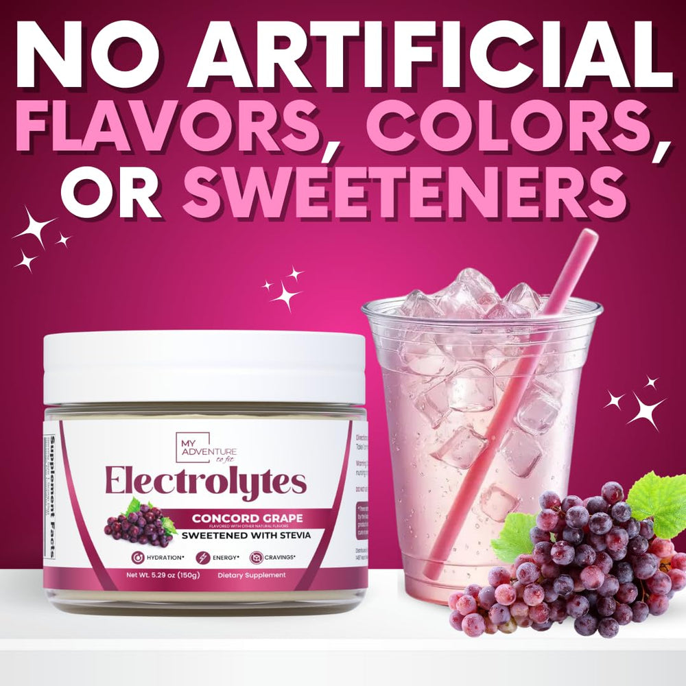 My Adventure to Fit Concord Grape electrolytes powder dissolving in water for a refreshing drink.