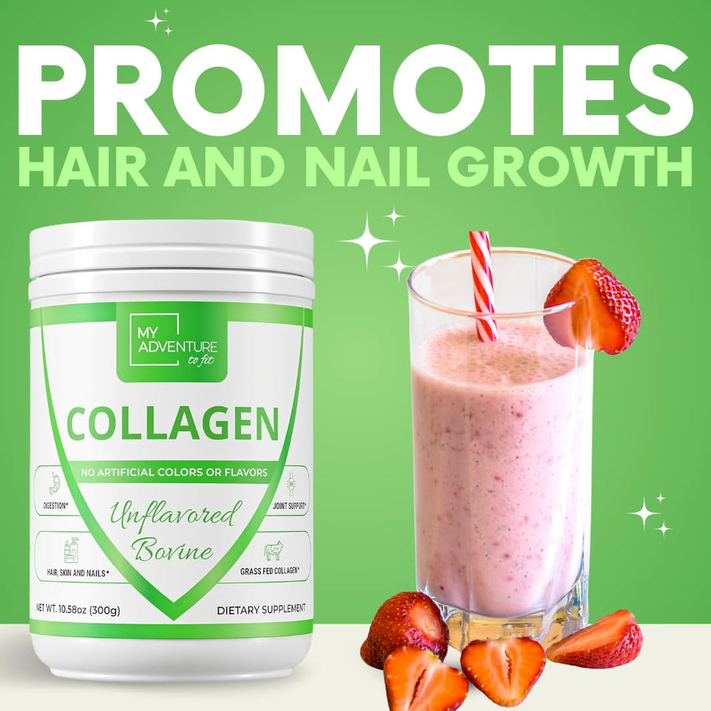 My Adventure to Fit Grass-Fed Collagen tub open showing an easy scoop and neutral flavor.