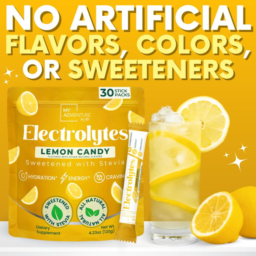 My Adventure to Fit Lemon Candy Electrolytes Sticks poured into water for quick mixing