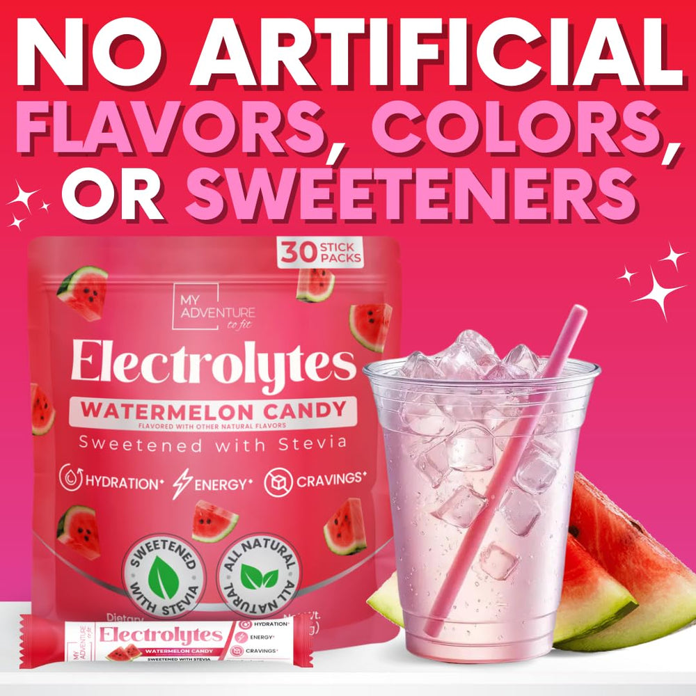 My Adventure to Fit watermelon candy electrolytes packets front view ideal for tasty hydration.