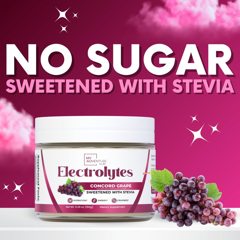 My Adventure to Fit zero sugar Concord Grape label highlighting sugar-free formula.