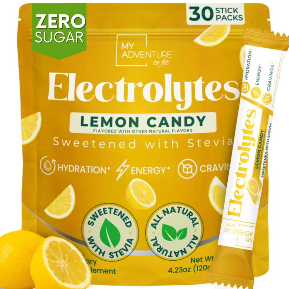 My Adventure to Fit Zero Sugar Lemon Candy Electrolytes Sticks pack shot for refreshing hydration