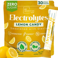 My Adventure to Fit Zero Sugar Lemon Candy Electrolytes Sticks pack shot for refreshing hydration