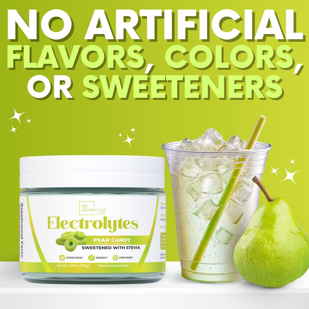 Pouring Pear Candy electrolytes to water for a crisp, caffeine-free drink.