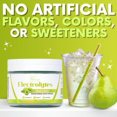 Pouring Pear Candy electrolytes to water for a crisp, caffeine-free drink.