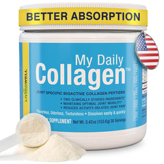 My Daily Collagen unflavored powder bottle front image showing product presence and versatility.