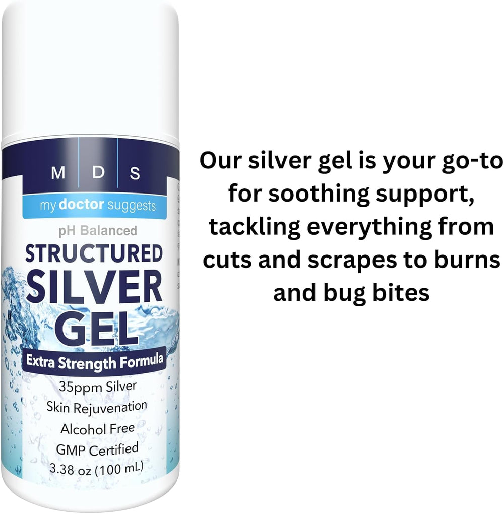 My Doctor Suggests Colloidal Silver Gel packaging emphasizes unscented, non-sticky texture.