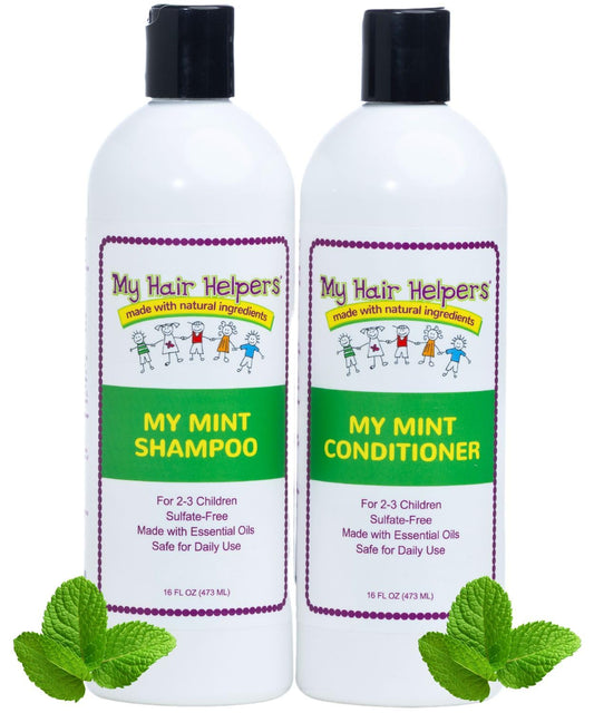 My Hair Helpers Lice Defense Shampoo bottle front with mint aroma for daily use.