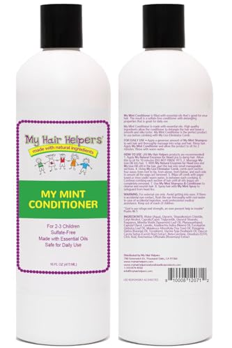 My Hair Helpers lice prevention conditioner ingredients label highlighting natural oils.