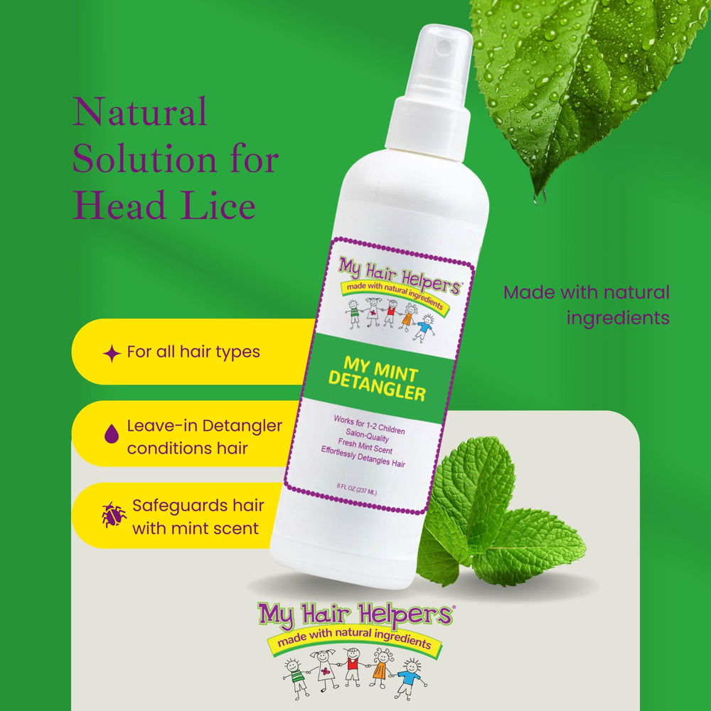 MY HAIR HELPERS Mint Detangler label highlights natural ingredients and a gentle formula.