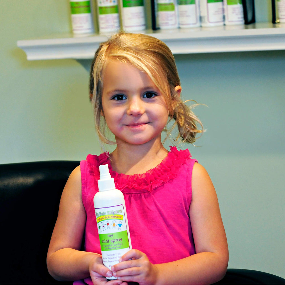 MY HAIR HELPERS Mint Lice Spray store display highlights benefits