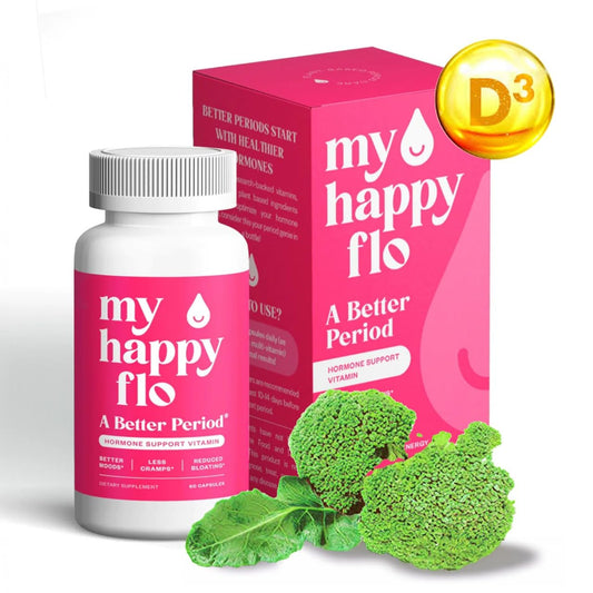 My Happy Flo PMS Support bottle shown for daily use and cycle comfort