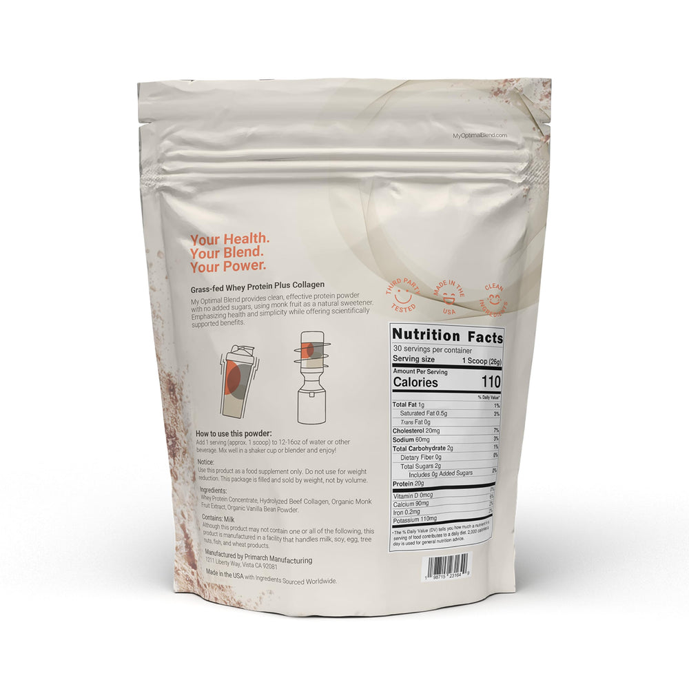 My Optimal Blend Vanilla Protein Powder scoop ready to mix into your shake.