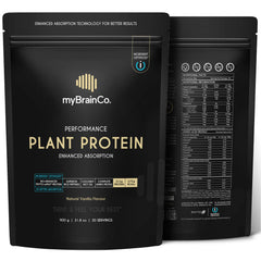 MyBrainCo bio-optimized plant protein powder tub front label shows vegan ingredients.