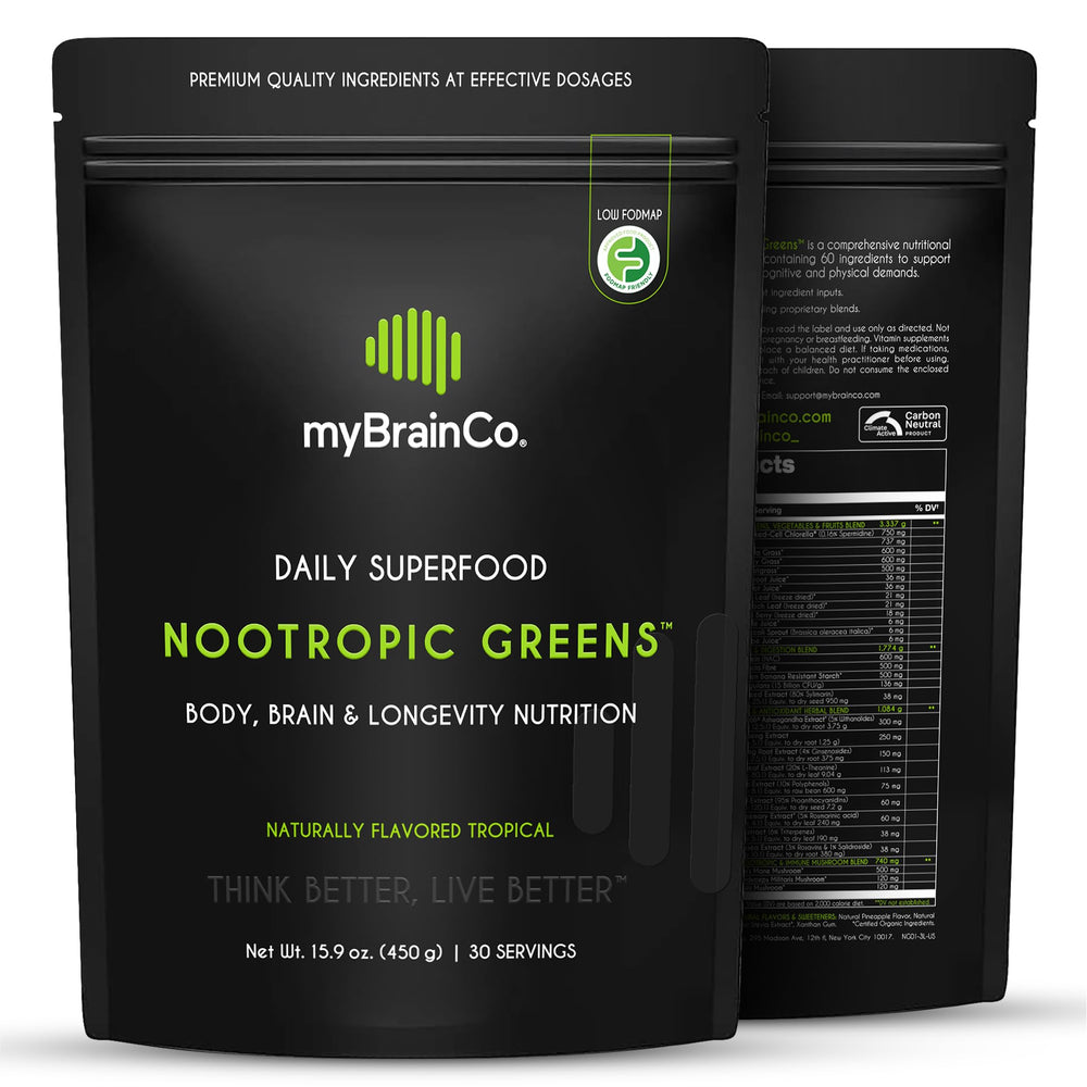 myBrainCo Nootropic Greens bottle front shows daily brain energy support.