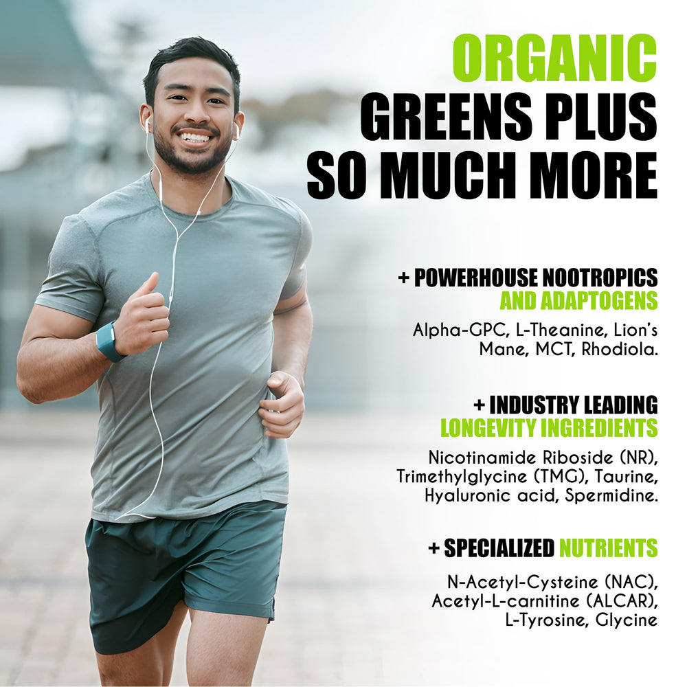 myBrainCo Nootropic Greens bottle label close-up highlights organic greens and transparency.