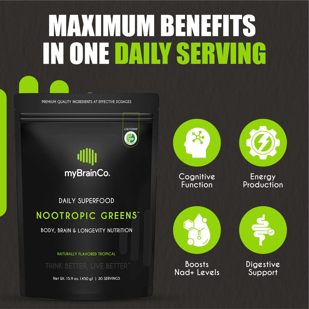 myBrainCo Nootropic Greens certifications and labels emphasize quality and safety.