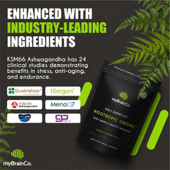 myBrainCo Nootropic Greens powder poured into a glass for quick energy.