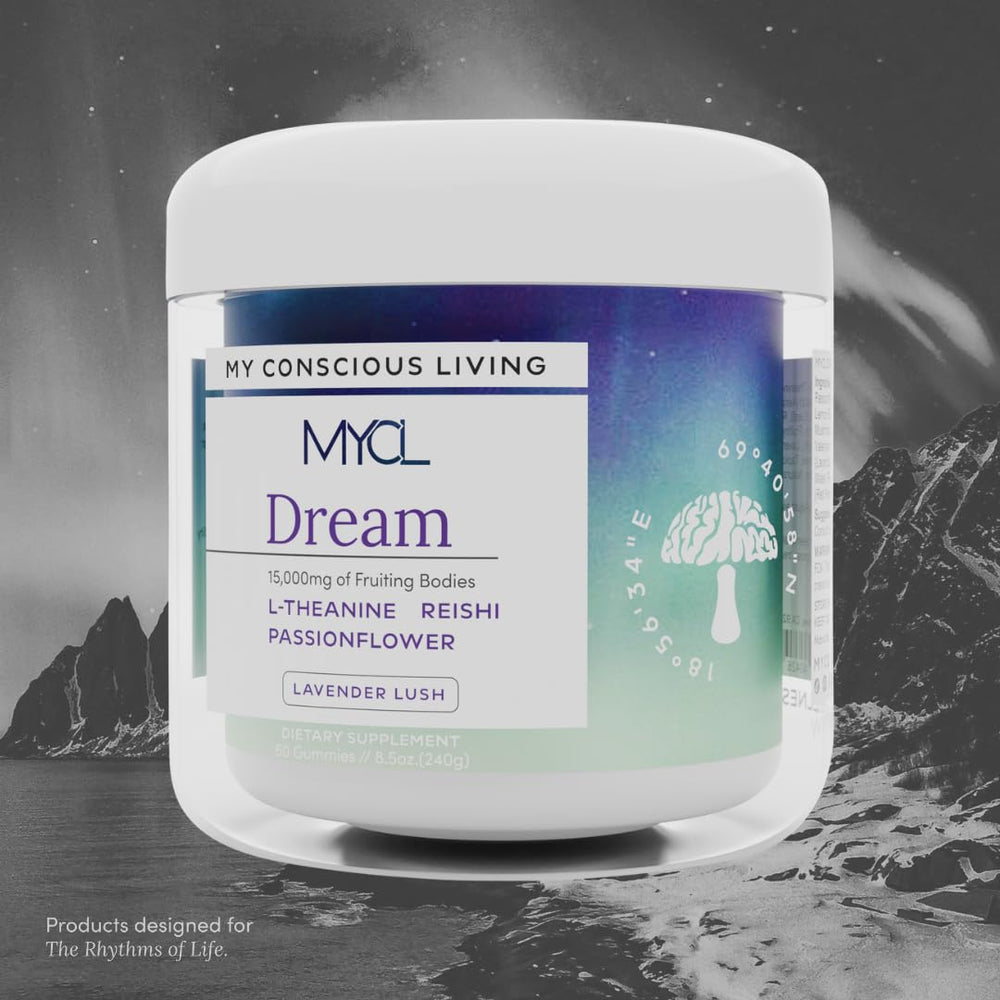 MYCL Dream Mushroom Gummies bottle back highlighting vegan, organic formula