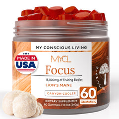 MYCL Lions Mane Gummies bottle showing Canyon Cooler flavor for on-the-go cognitive support
