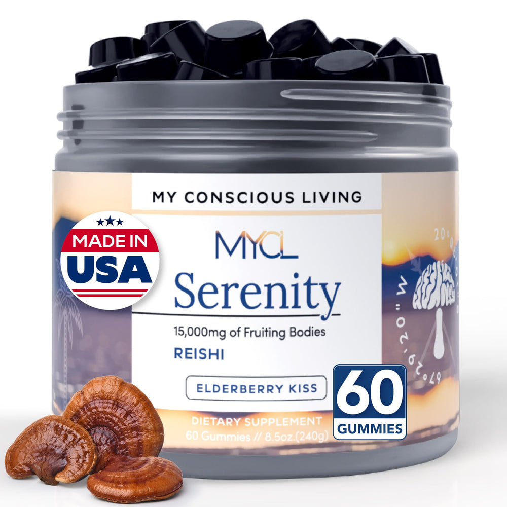 MYCL Serenity Reishi Gummies bottle on nightstand for easy daily calm