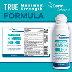 Myderm 5% lidocaine label showing potency and quick relief potential.